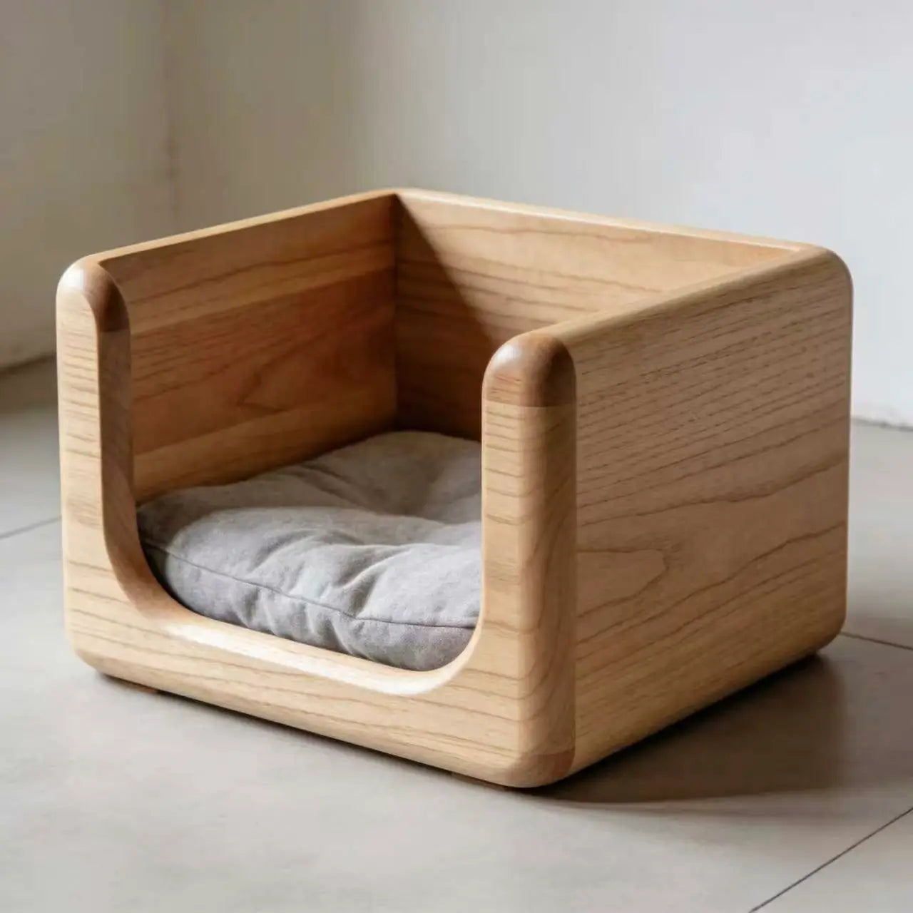 Modern Rounded Wooden Cat Bed: Minimalist Furniture with Cushion, for Cozy Cat Napping