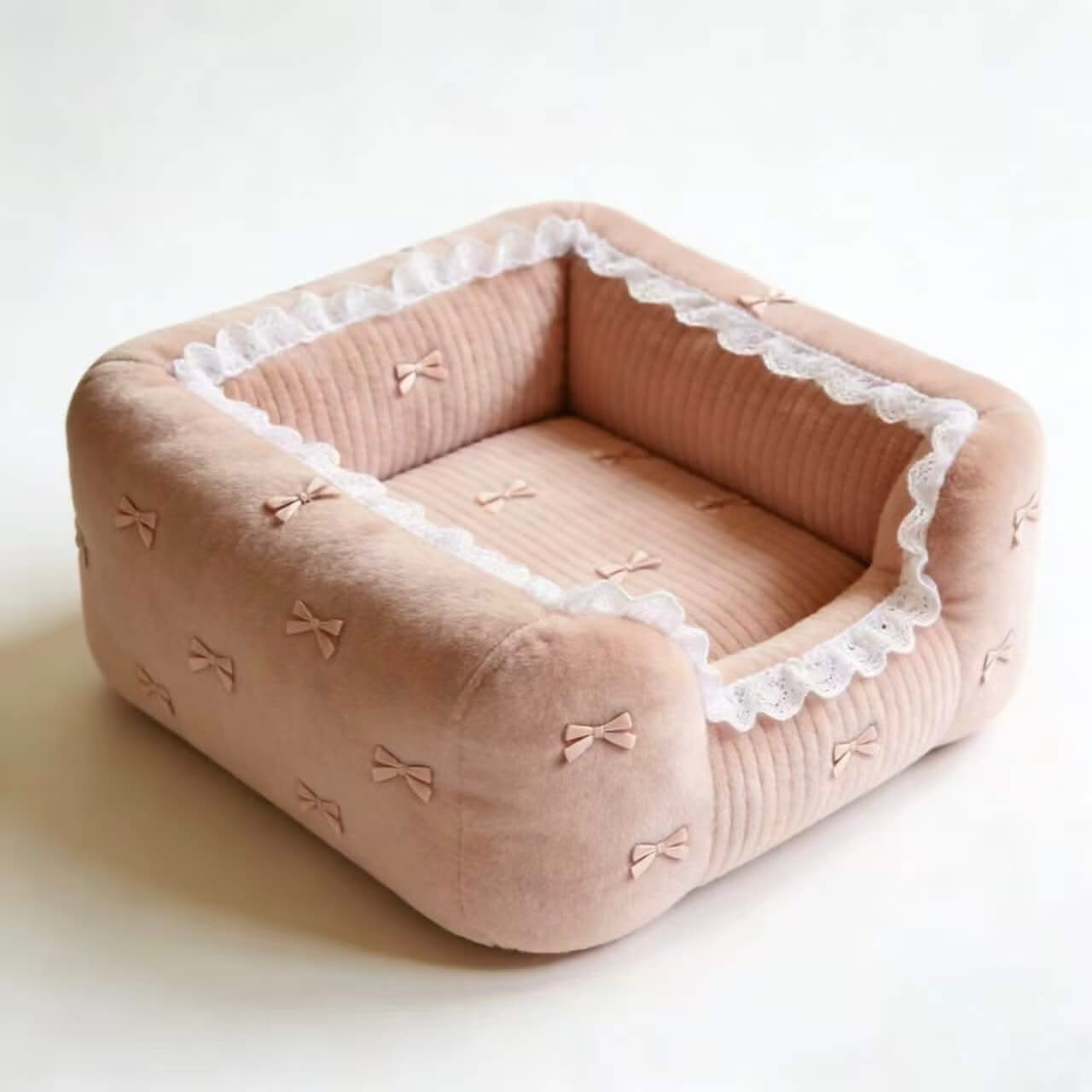 Charming Ruffled Pet Bed for Dogs - Bow Decor, Corduroy, Blush Pink, Soft Cushion, All-Season