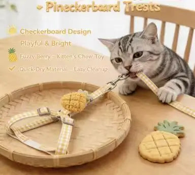 Escape-Proof Cat Harness & Leash: Pom-Pom Accent, Plaid Design