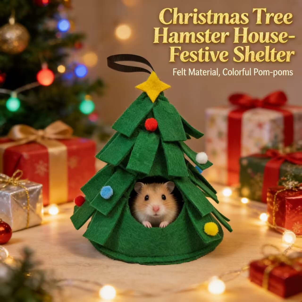 Festive-Shelter Hamster House for Hamsters - Christmas Tree Shape, Green, Felt Material, Colorful Pom-poms