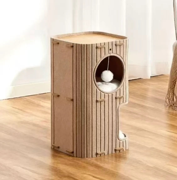 Multi-Level Cat Condo - Tree Design, Interactive Pom-Pom, Green Felt