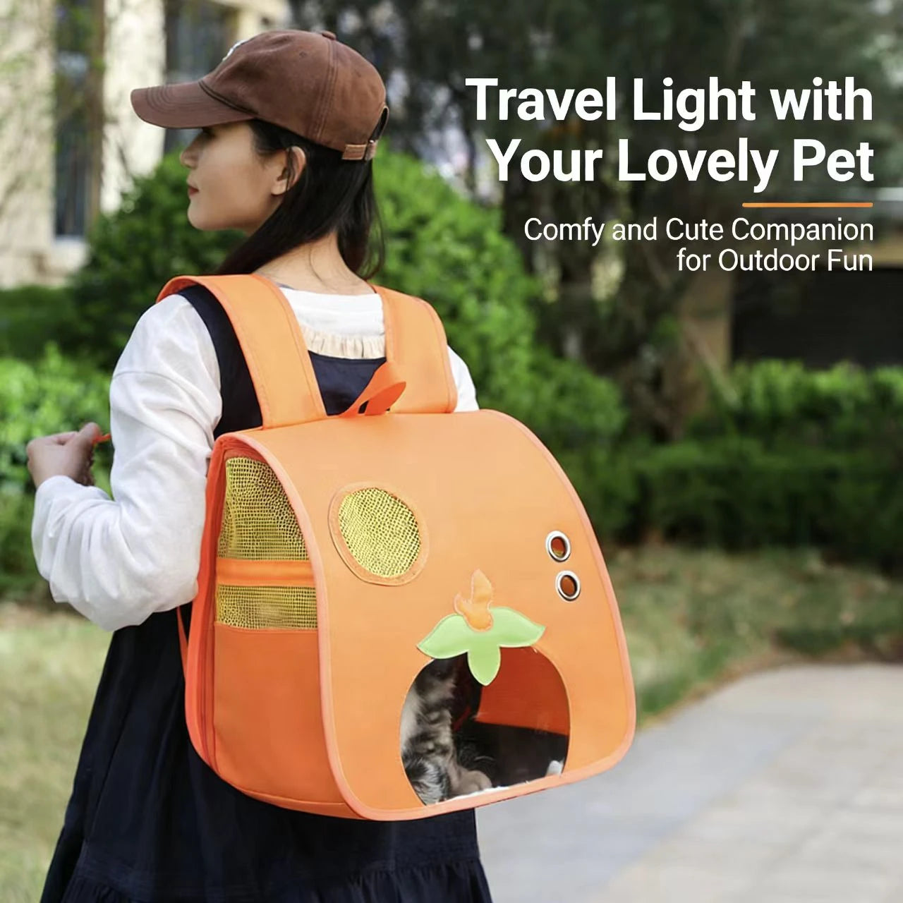 Lightweight Cat & Dog Backpack - Airy Mesh, Fun Print, Orange