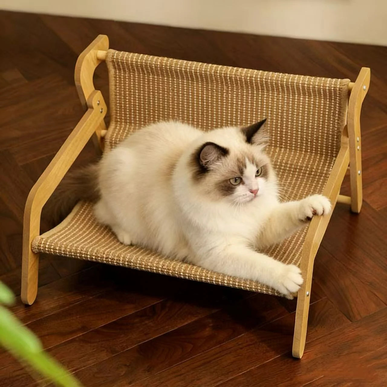 Rest & Scratch Cat Scratcher Bed for Cats - Wood Frame Woven Fabric Striped Beige