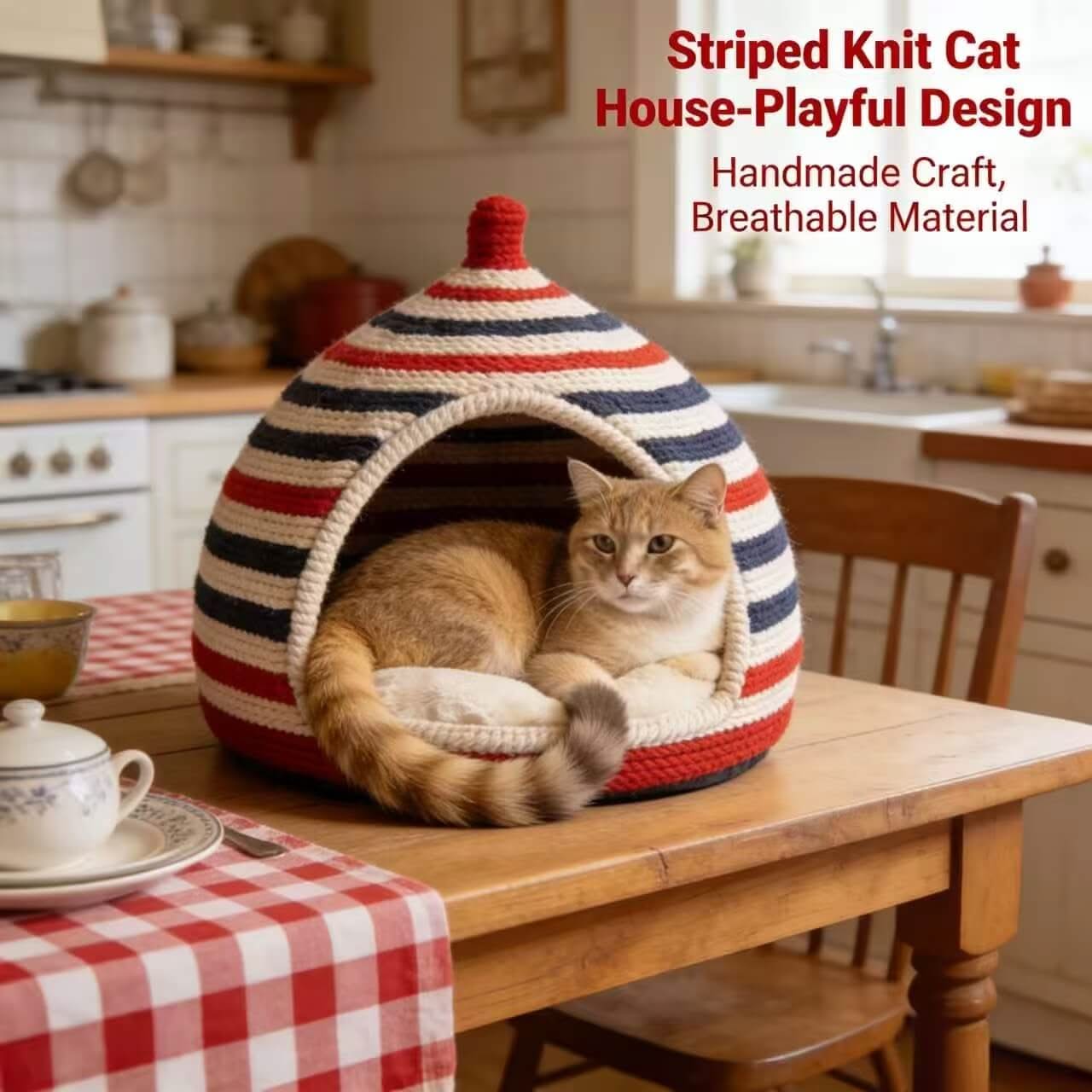 Striped Crochet Pet Cave Bed for Cats - Red-Navy-Cream, Pom-Pom Top, Cozy Hiding Spot
