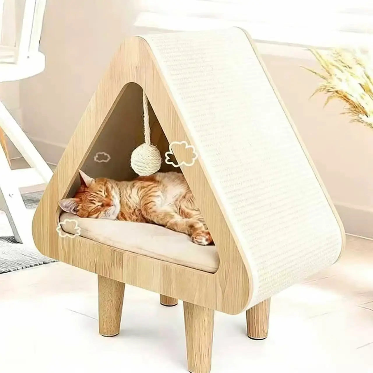 2-in-1 Wooden Cat Cave & Scratcher: Elevated Triangle Hideaway with Cushion & Toy, for Indoor Cat Comfort