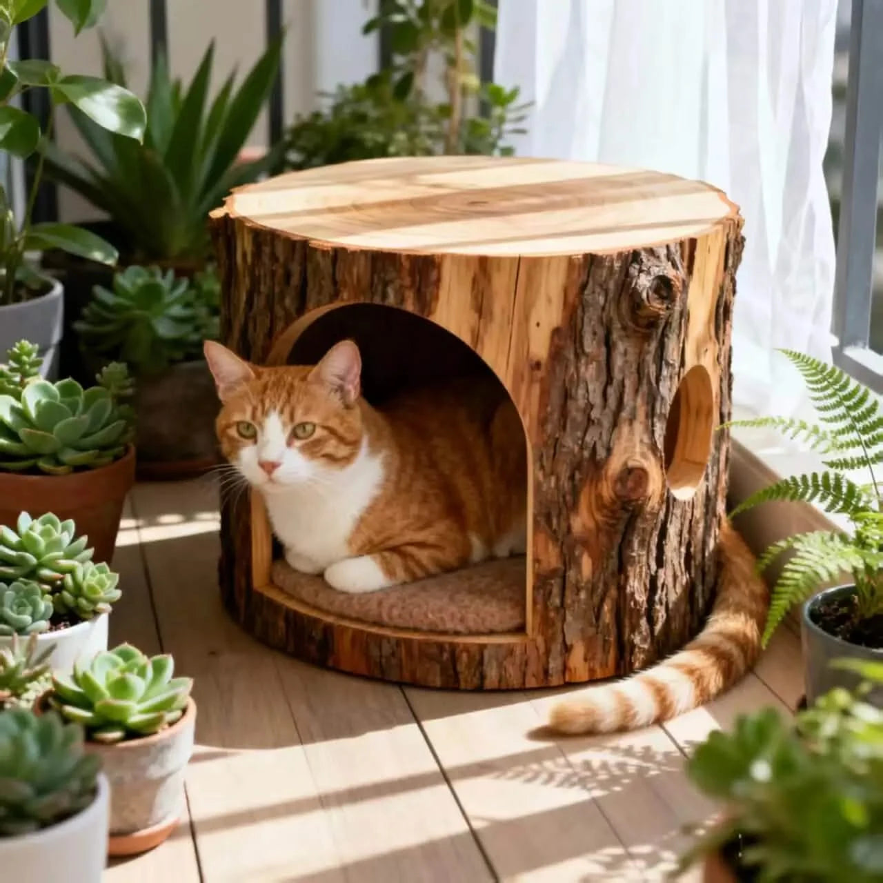 Cat Bed, Tree Stump Shape, Natural Wood, Brown, Outdoor/Indoor Use, All-Season