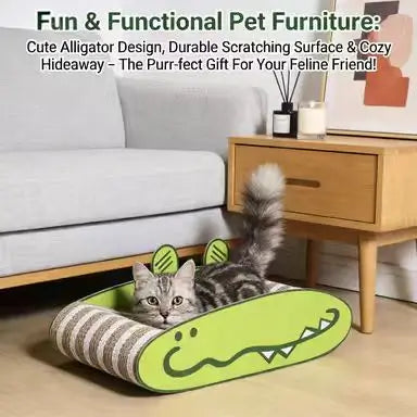 Crocodile Cat Scratcher: Sisal Surface, Cute Animal Design, Rest & Scratch (Green-White)