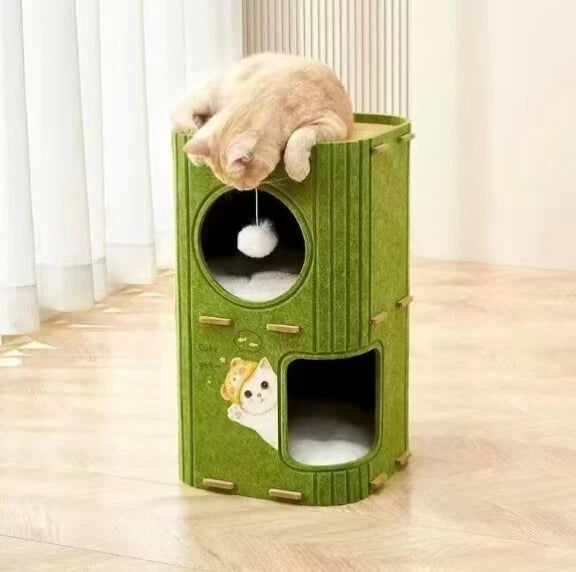 Multi-Level Cat Condo - Tree Design, Interactive Pom-Pom, Green Felt