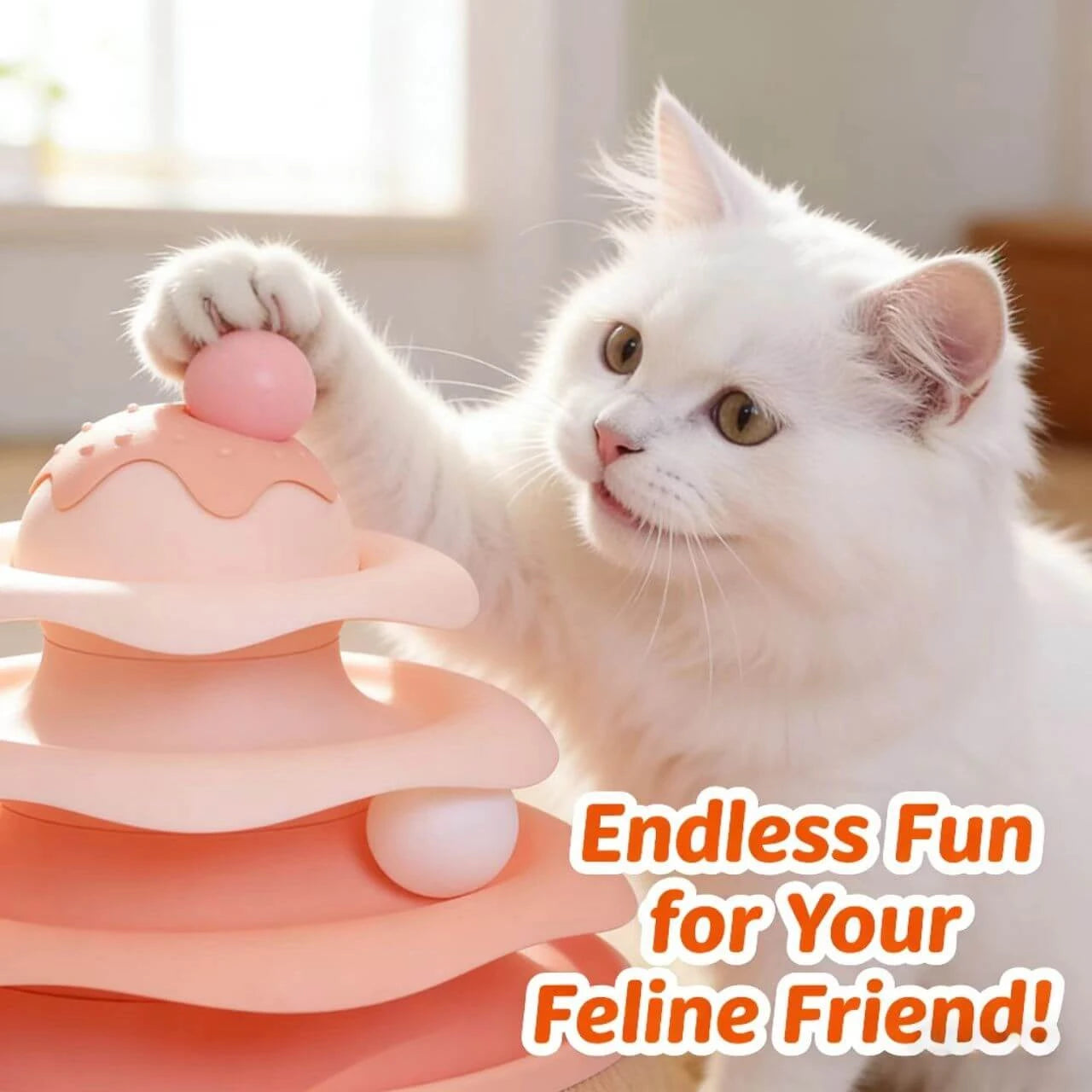 4-Tier Cat Ball Toy Tower - Rolling Balls, Interactive Play, Pink Gradient