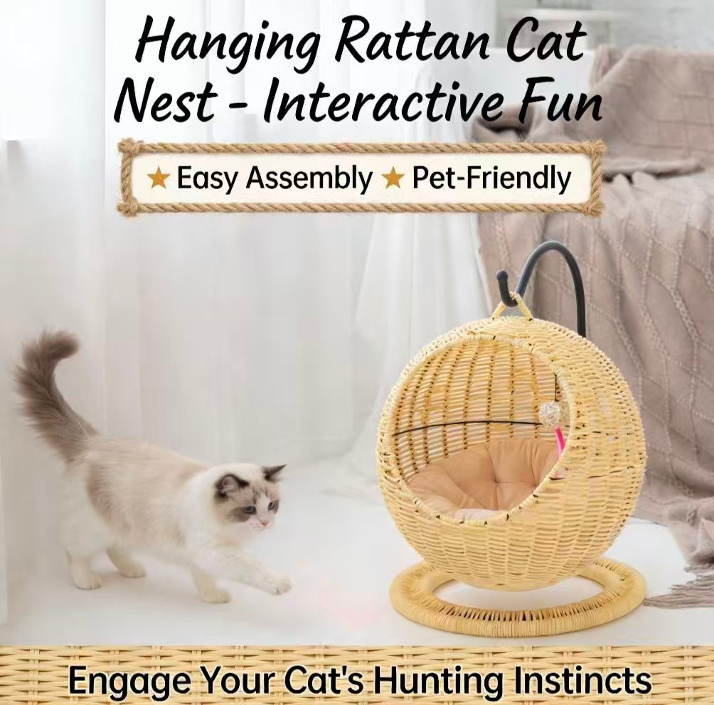 Elevated Pet Swing for Cats - Rattan Material, Egg Design, Beige Rest Hammock