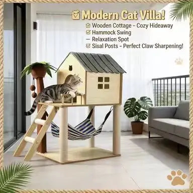 House-Style Cat Scratcher Tree: Rest & Scratch, Hammock, Wooden Frame (Beige-Blue)