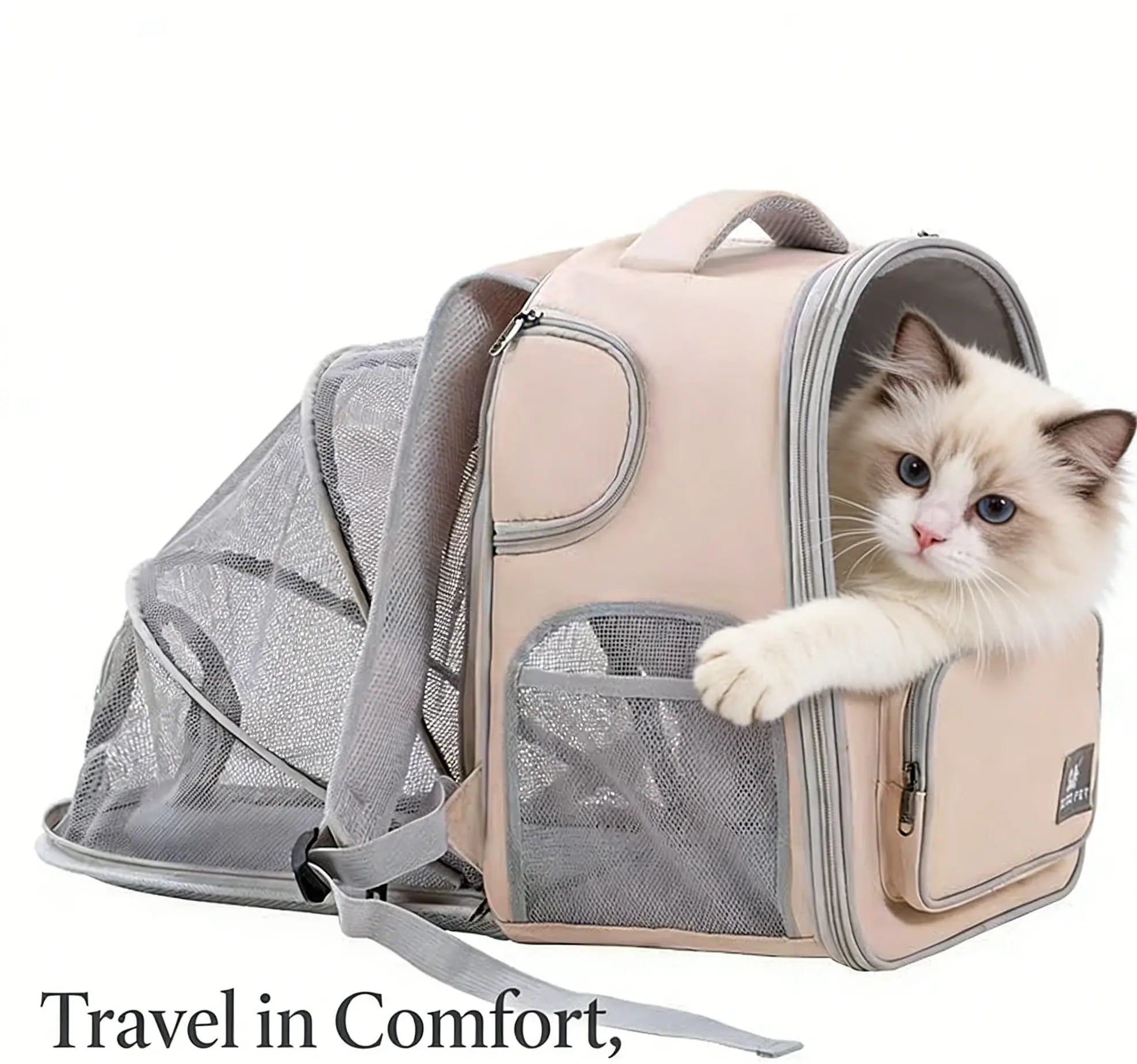 Expandable Breathable Pet Backpack Carrier for Cats, Beige Mesh Extension