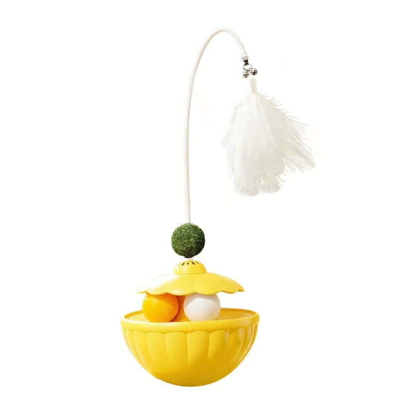 3-in-1 Cat Play Toy - Tumbler Base, Feather Wand & Rolling Balls, Yellow