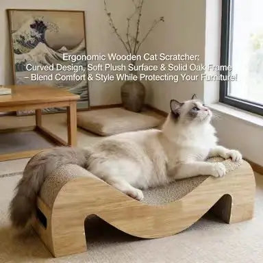Wavy Wooden Cat Scratcher: Durable Surface, Ergonomic Design, Natural Oak (Beige)