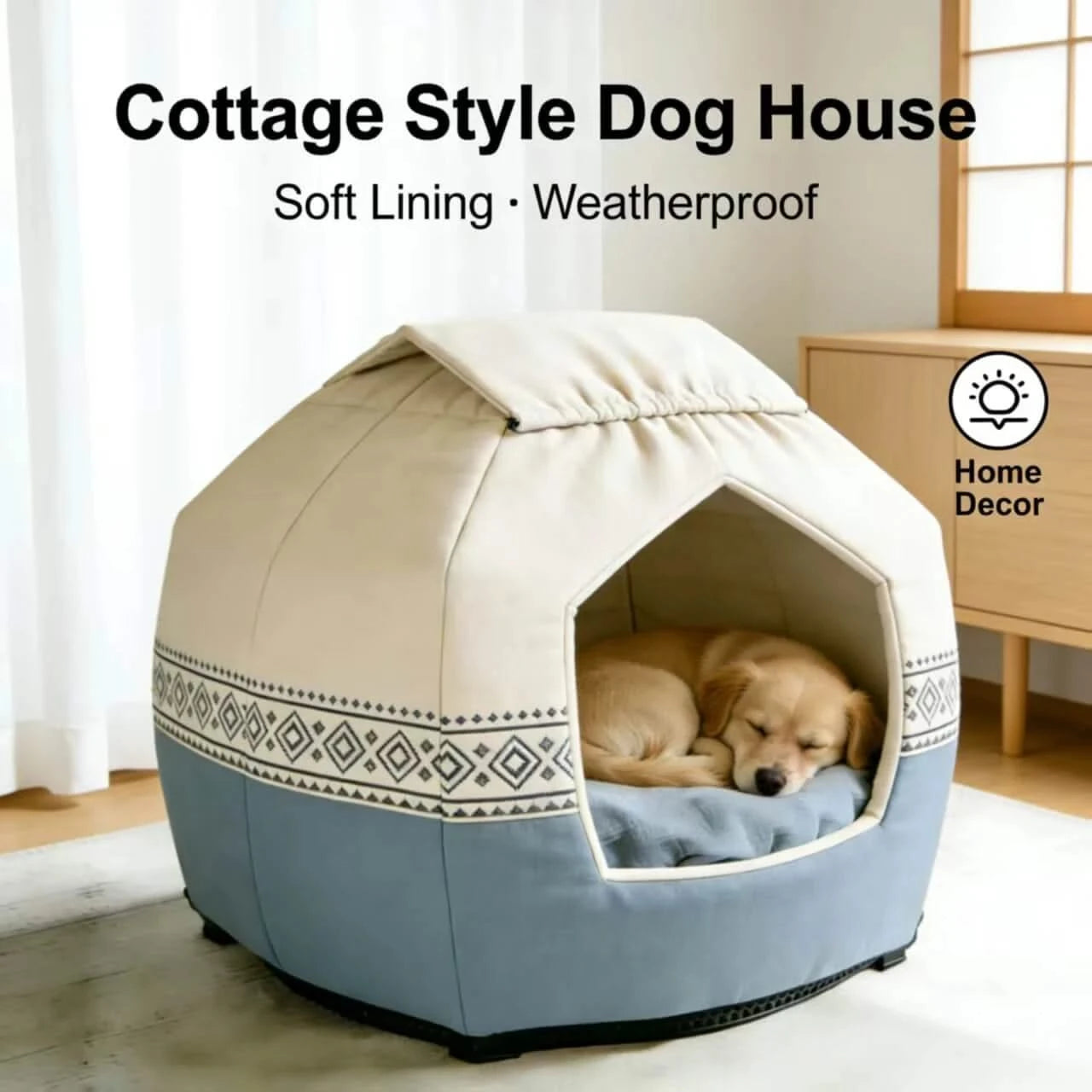 Dog Bed, Beige/Blue Fabric, Soft Lining, Weatherproof, Home Decor Nest