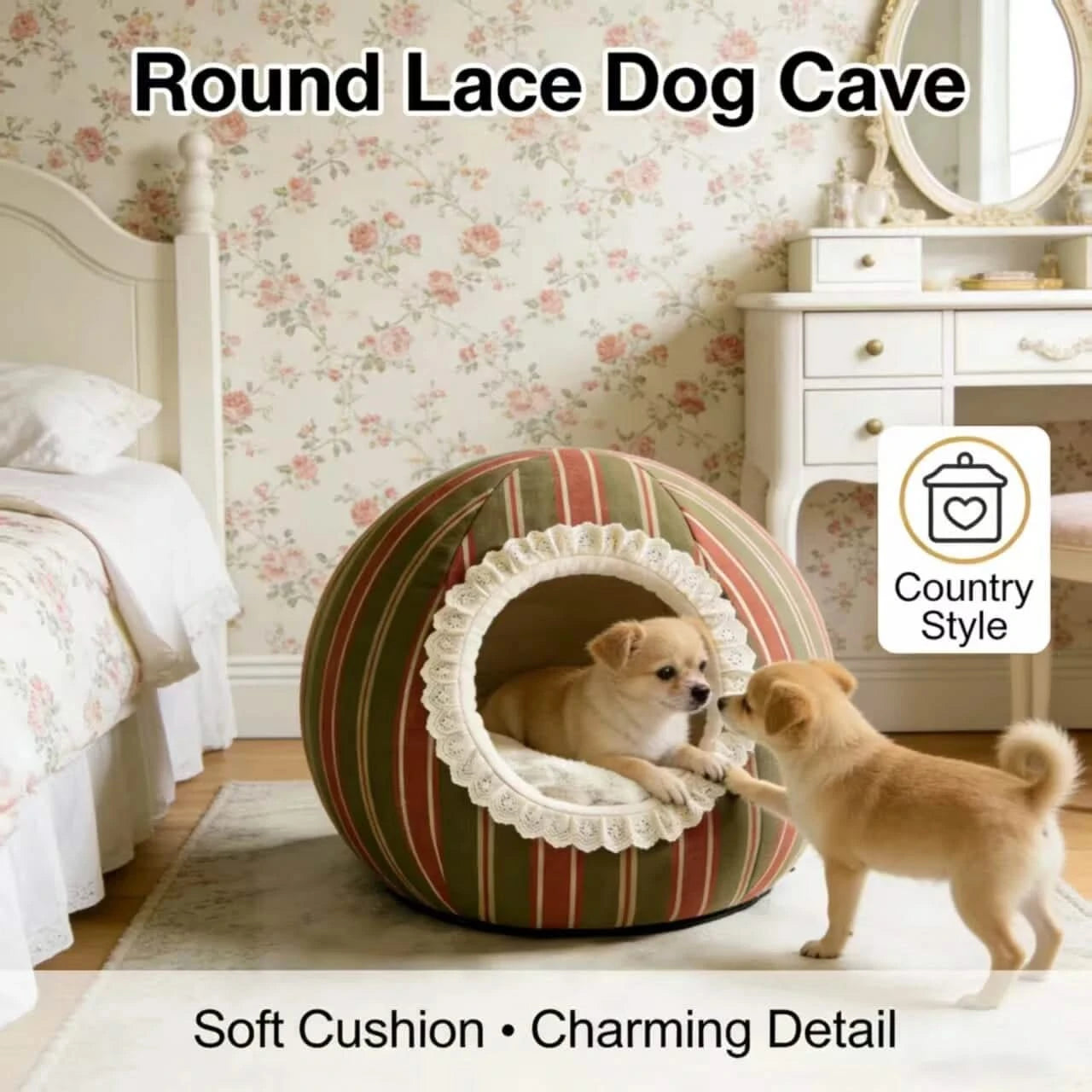 Charming Pet Bed for Dogs, Round Cave Shape, Soft Cushion, Green/Red Stripe