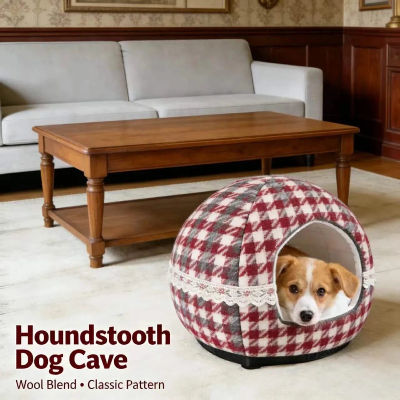 Houndstooth Dog Bed, Cave Design, Wool Blend, Red/Gray, Lace Trim