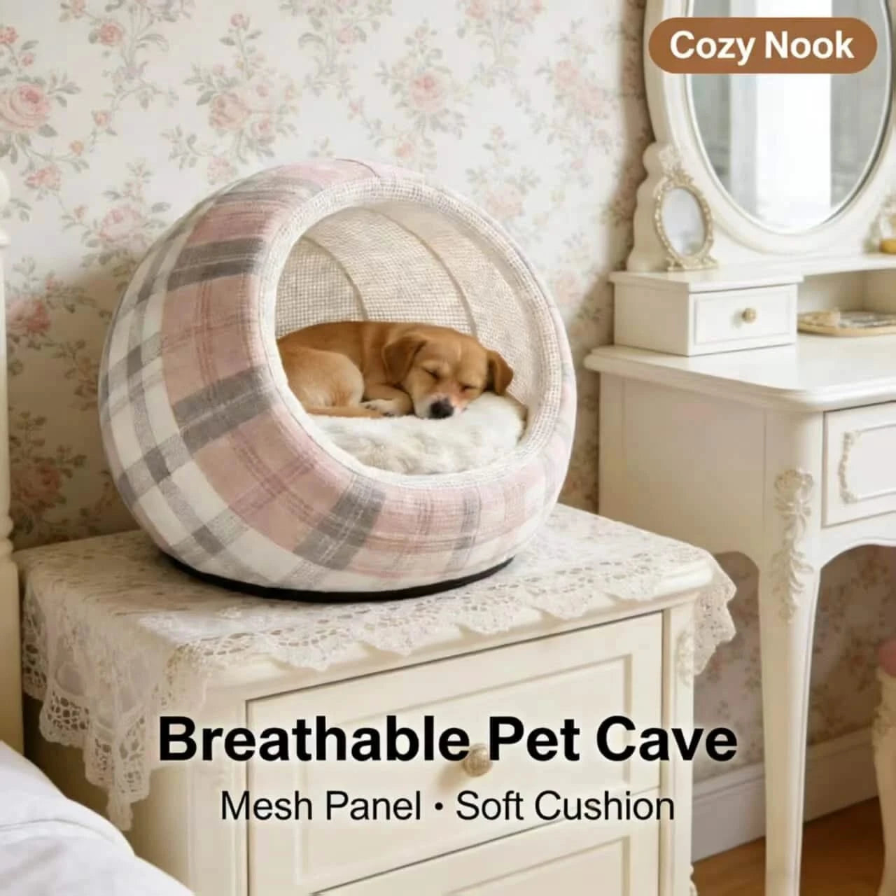 Breathable Pet Bed for Dogs, Cave Shape, Mesh Panel, Pink/Gray Plaid