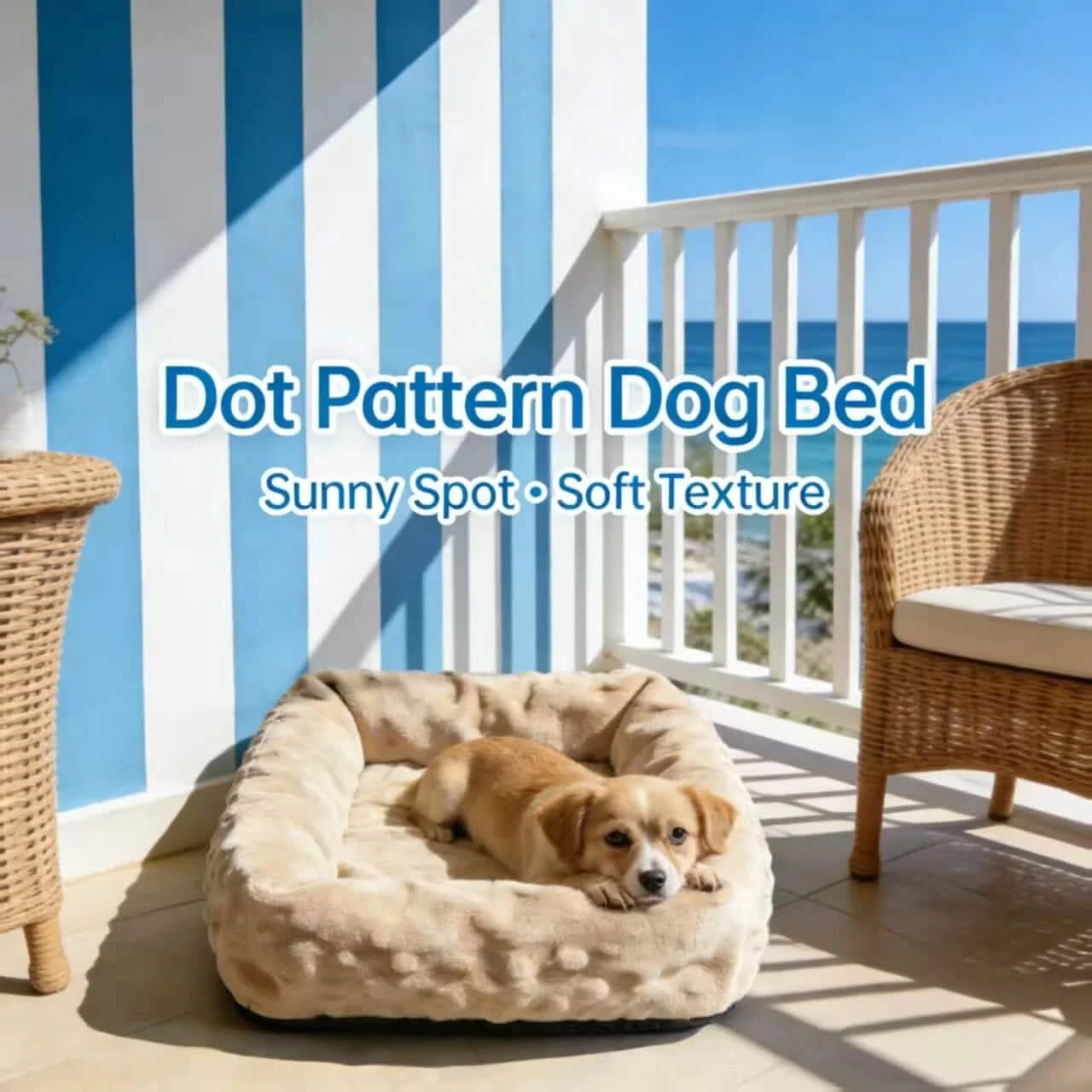 Dog Bed, Square Type, Soft Texture, Beige Dot Pattern, Sunny Relaxation Nest