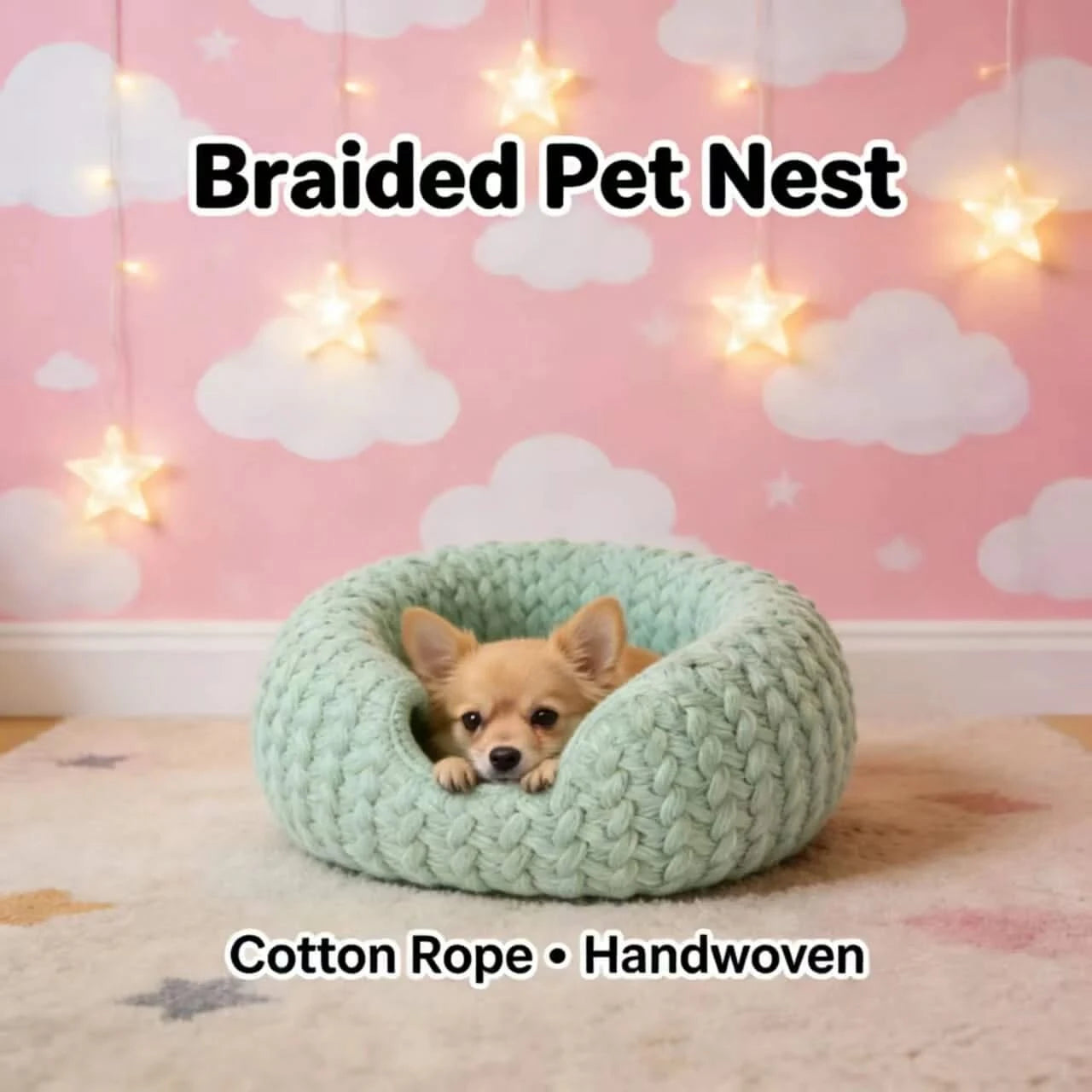 Dog Bed, Nest Type, Handwoven Braided, Cotton Rope, Light Green All-Season Bed
