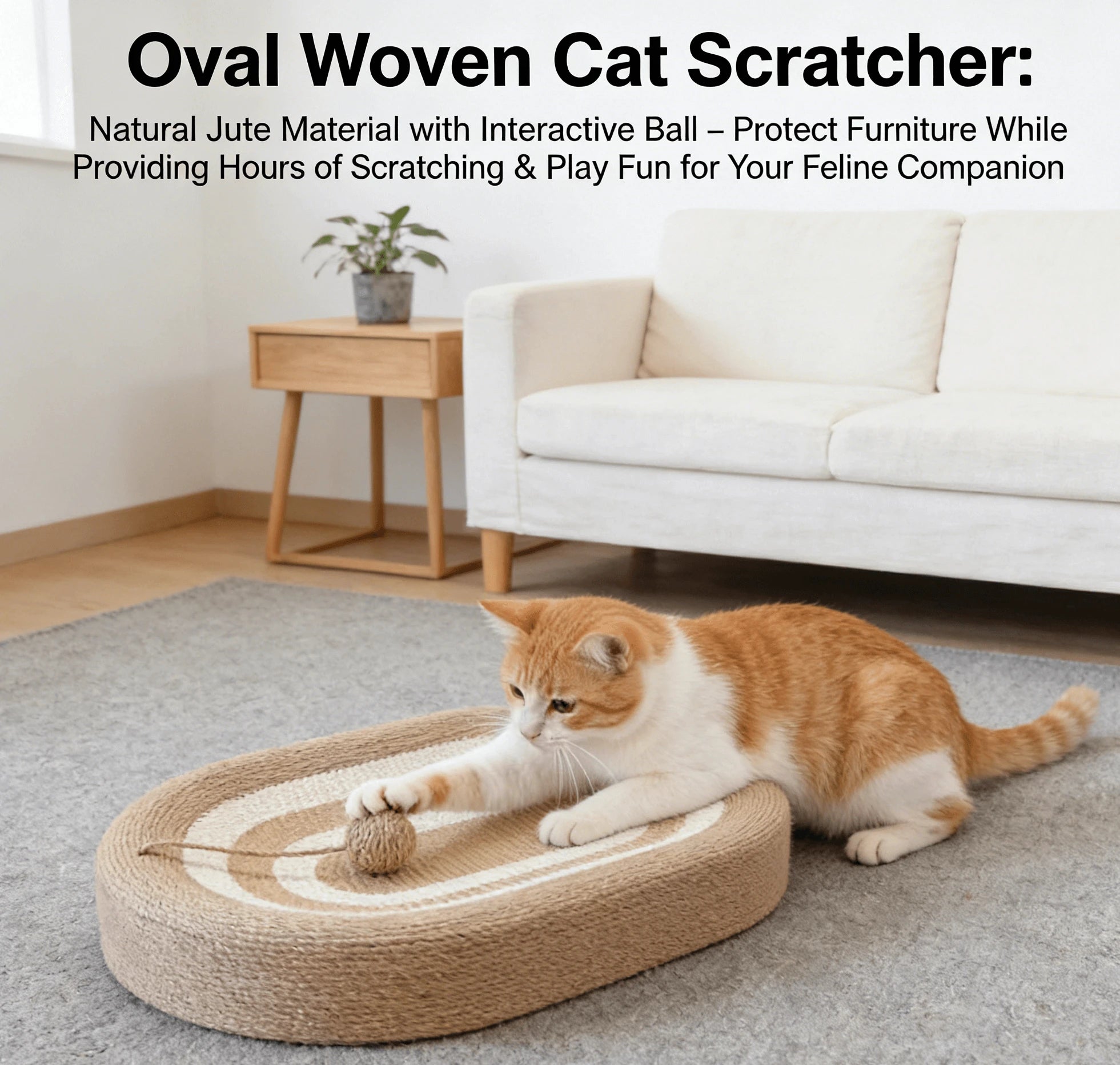 Rope Cat Scratcher, Oval Striped, Beige/White, Built-in Ball, Cat Claw Care Tool