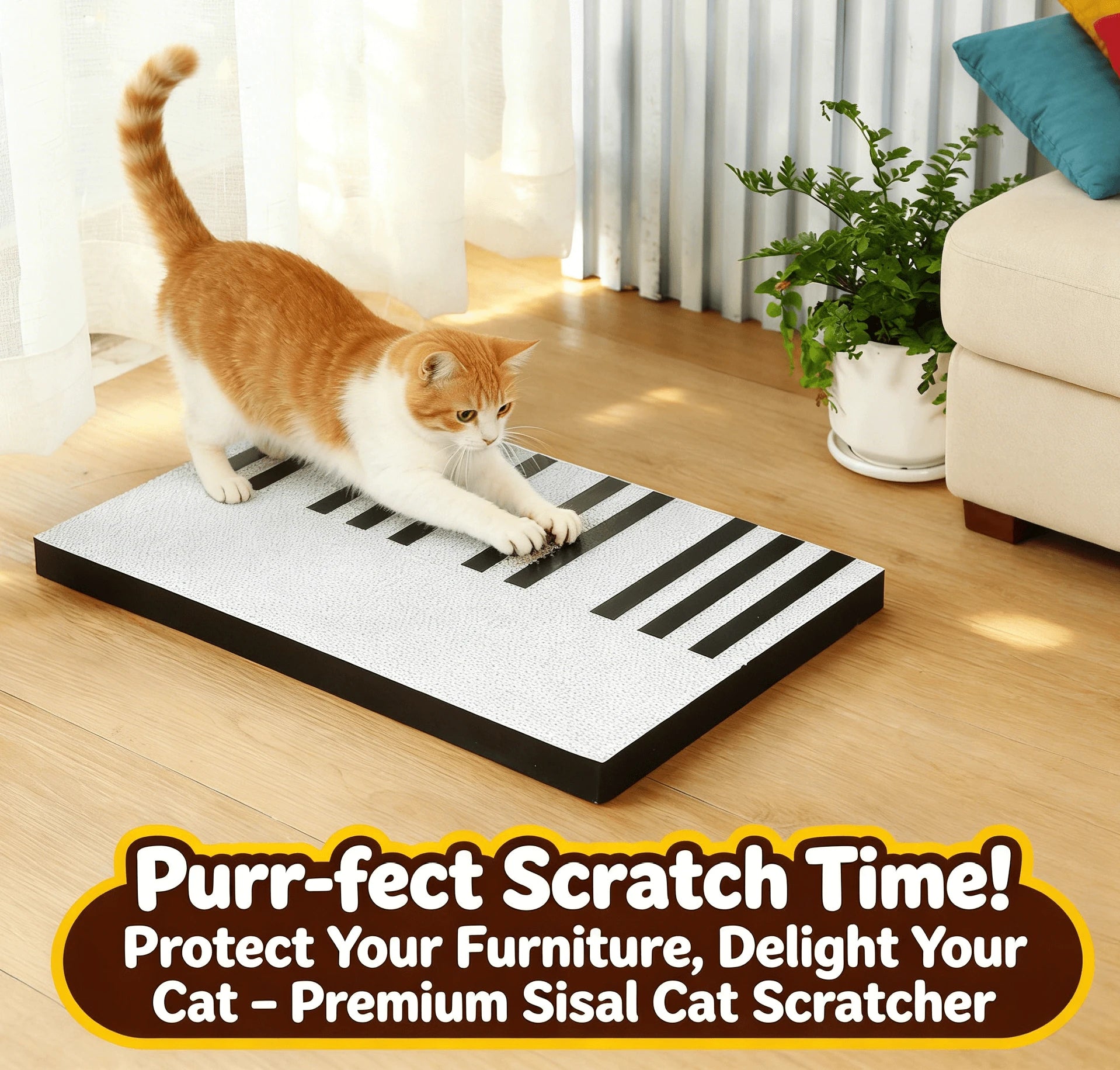 Piano-Shaped Cat Scratcher, Black/White, Sisal Material, Floor Pad for Cats