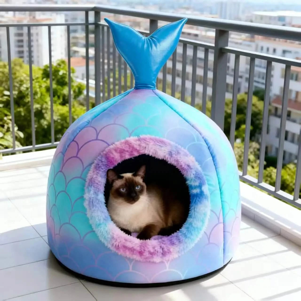 Mermaid Tail Pet Cave Bed - Gradient Scale Plush Enclosed Nest for Cats & Small Indoor Pets.