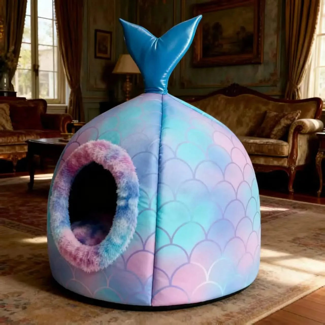 Mermaid Tail Pet Cave Bed - Gradient Scale Plush Enclosed Nest for Cats & Small Indoor Pets.