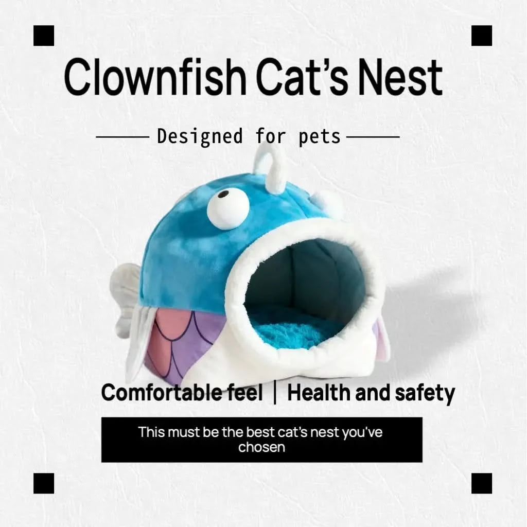 Cat Bed, Clownfish Shape, Comfortable Plush, Blue/White, Pet-Safe Material, All-Season