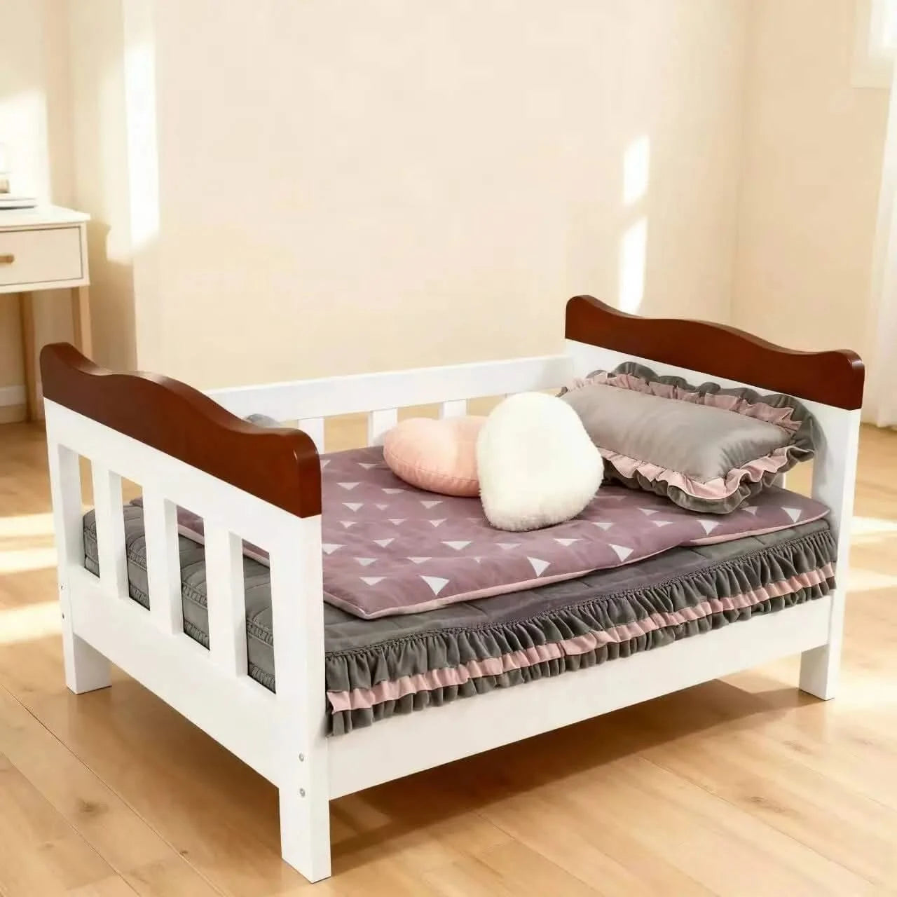 Nordic Minimalist Wooden Pet Bed Set - Ruffled Bedding Non-Removable Nest for Pet (Neutral Gray-Pink Palette).