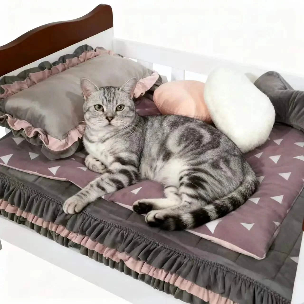 Nordic Minimalist Wooden Pet Bed Set - Ruffled Bedding Non-Removable Nest for Pet (Neutral Gray-Pink Palette).