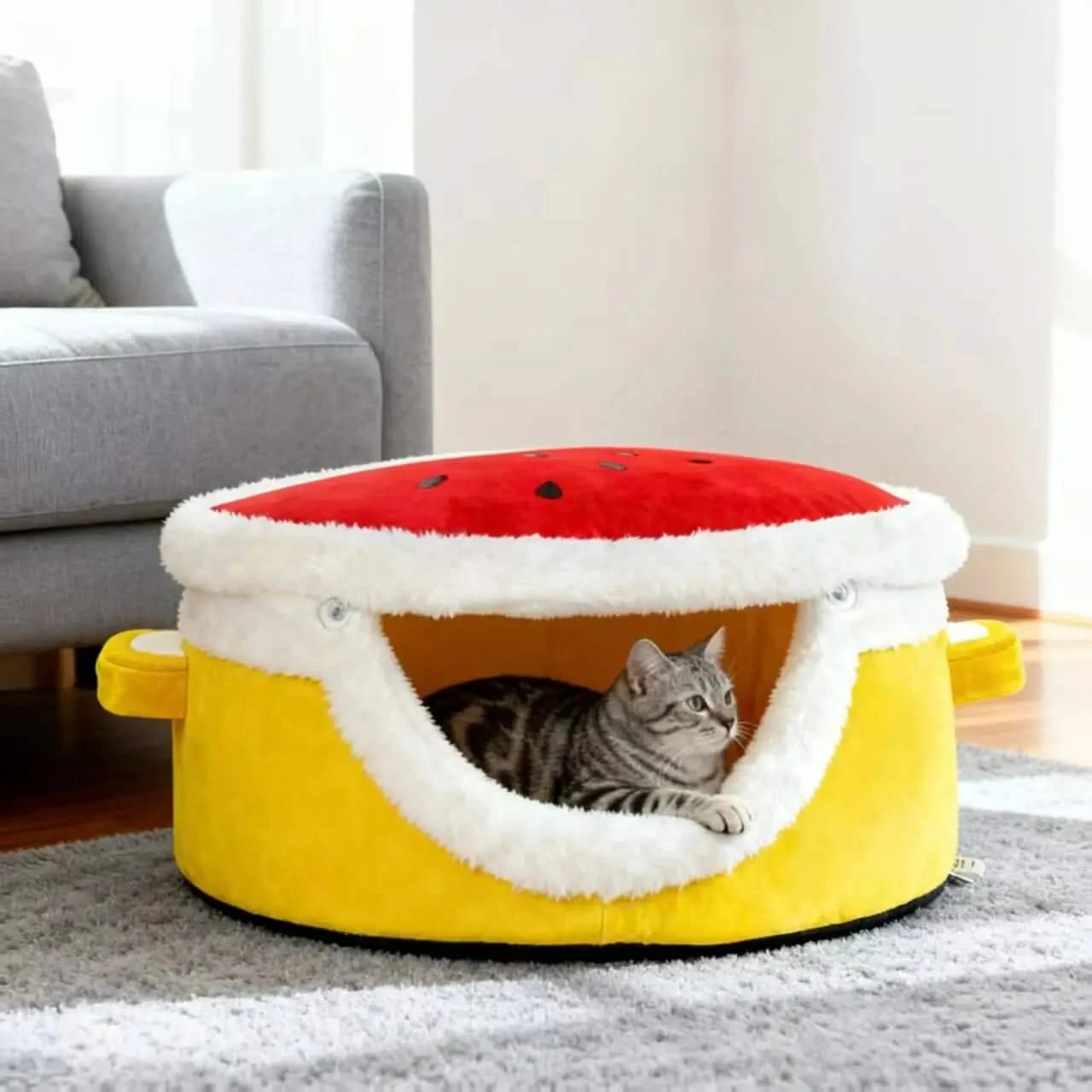 Modern Plush Cat House with Dome Lid - Enclosed Winter Warm Pet Bed, Spacious Soft Cushioned Interior.