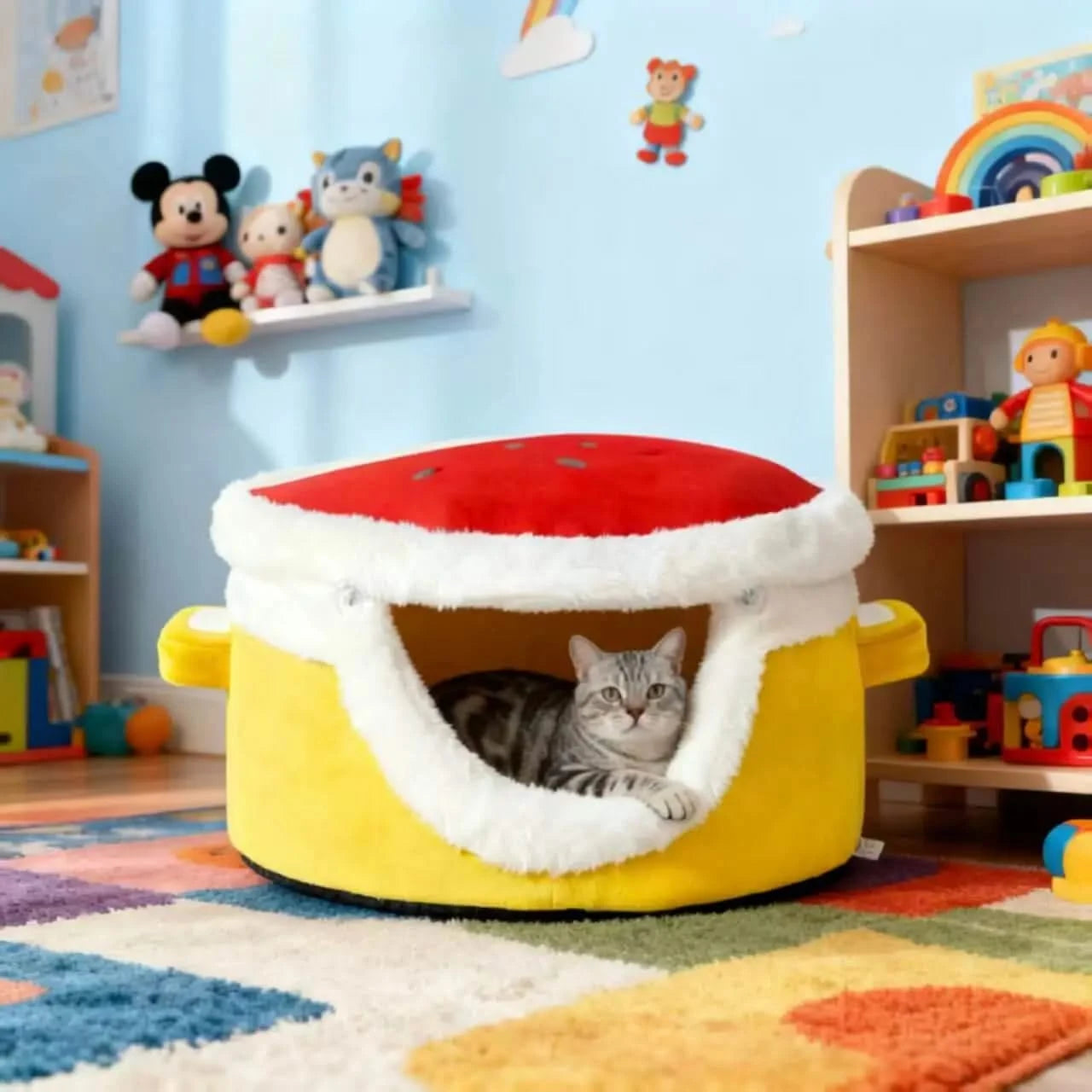 Modern Plush Cat House with Dome Lid - Enclosed Winter Warm Pet Bed, Spacious Soft Cushioned Interior.