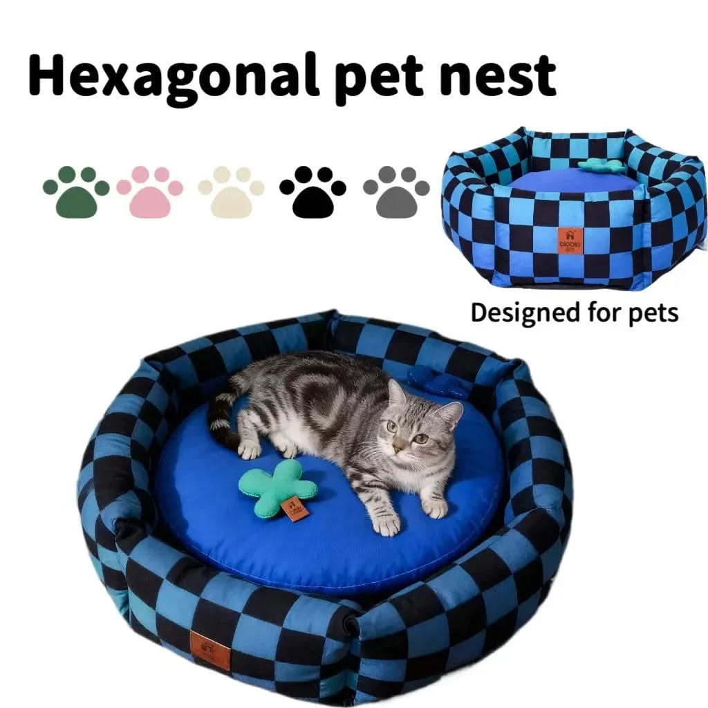 Hexagonal Pet Bed with Raised Edges - Checkerboard Pattern Plush Nest for Pet.