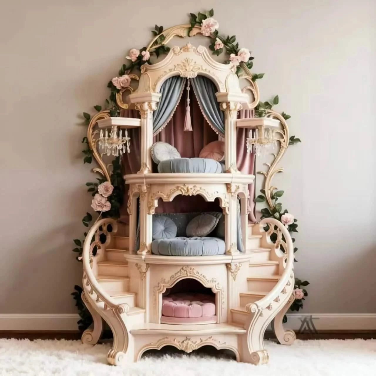 Cat Bed, Castle Shape, Wooden Structure, Multi-Level Rest, Floral Trim, All-Season
