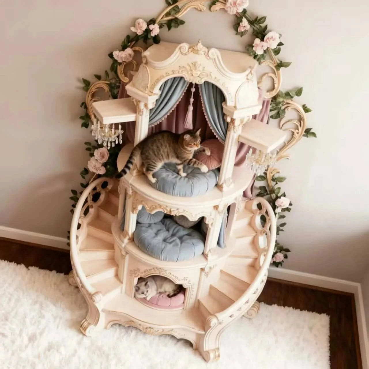 Cat Bed, Castle Shape, Wooden Structure, Multi-Level Rest, Floral Trim, All-Season