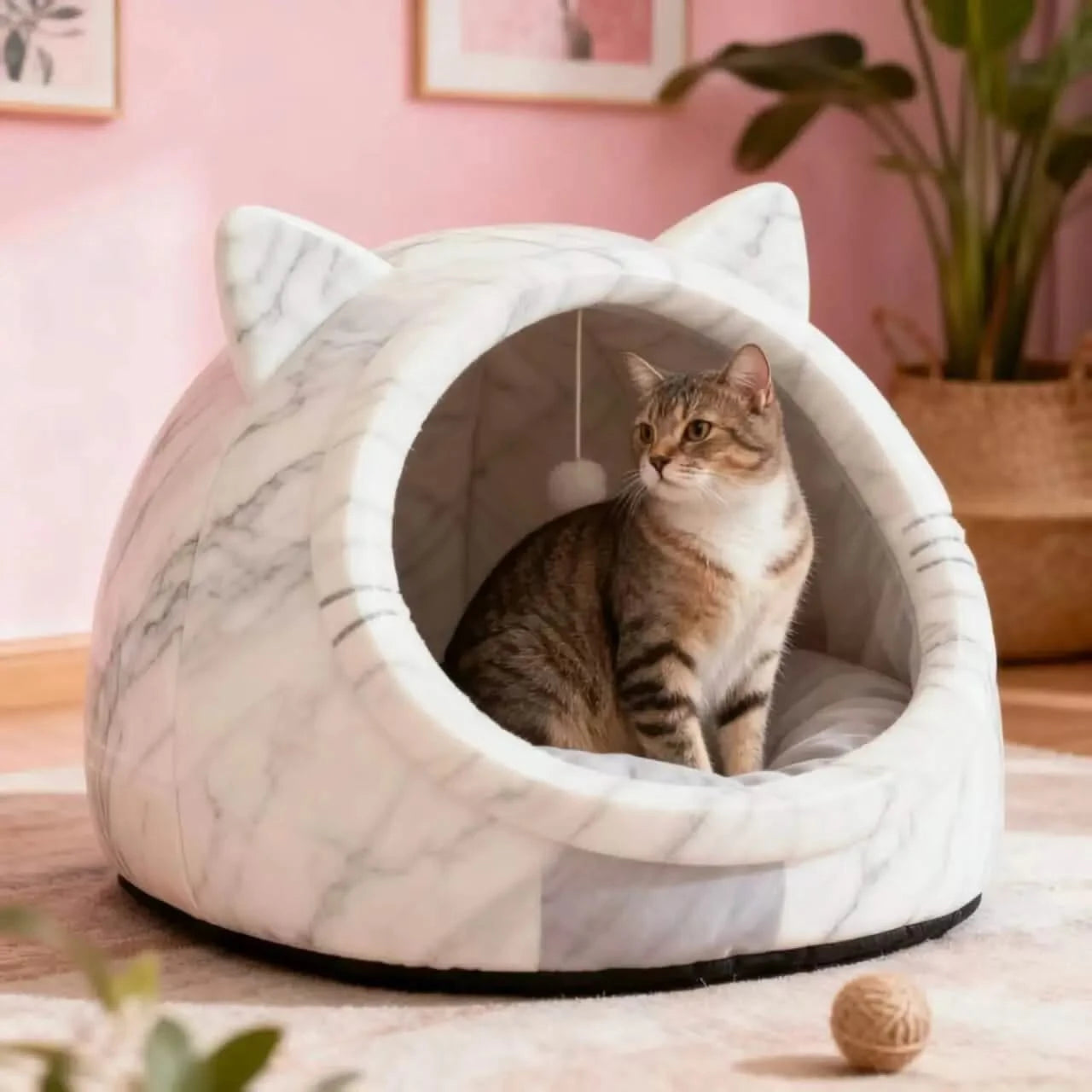 Cute Cat Bed, 3D Ear Cave Design, Fluffy Fleece, White, Snug Nest, All-Season Comfort