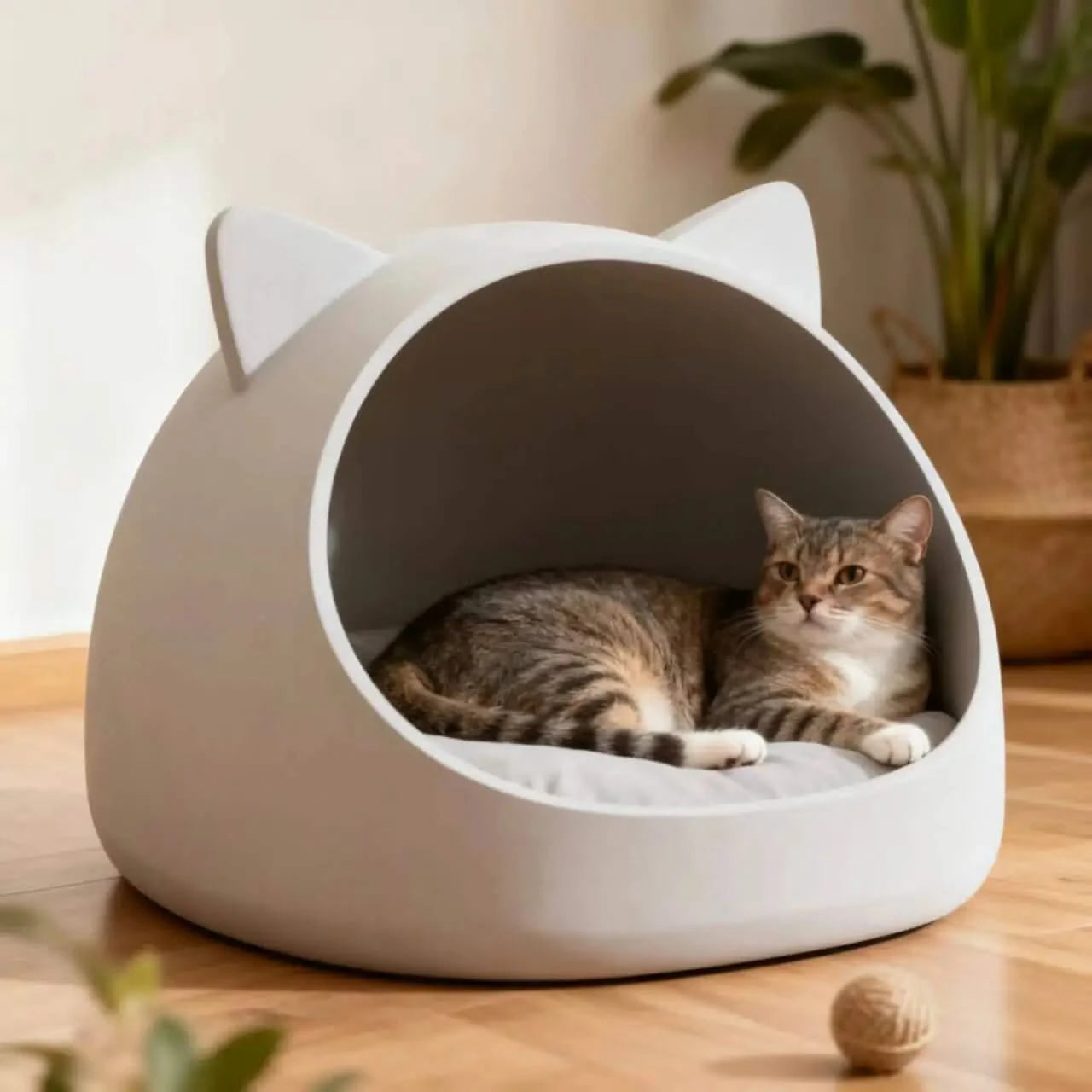 Modern Cat Bed, Cat Ear Dome Design, Resin Material, White/Gray, Snug Cave