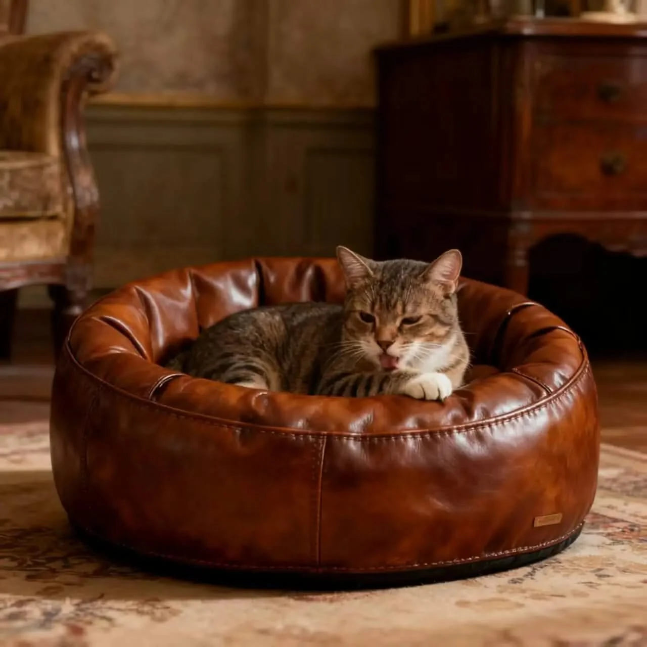 Vintage Cat Bed, Faux Leather, Brown, Soft Pad, All-Season Comfort, Plush Cushion