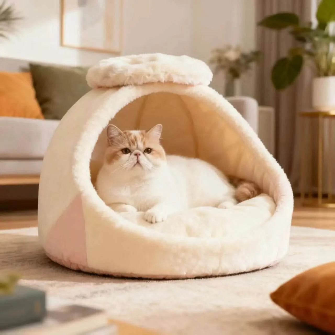 Cat Bed, Cave Shape, Soft Plush, Beige, Handmade Craft, All-Season