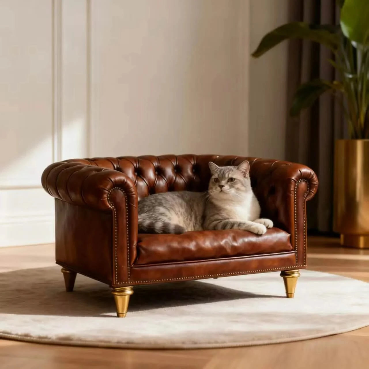 Customizable Pet Sofa for Cats, Faux Leather, Brown, Luxury Design, All-Season