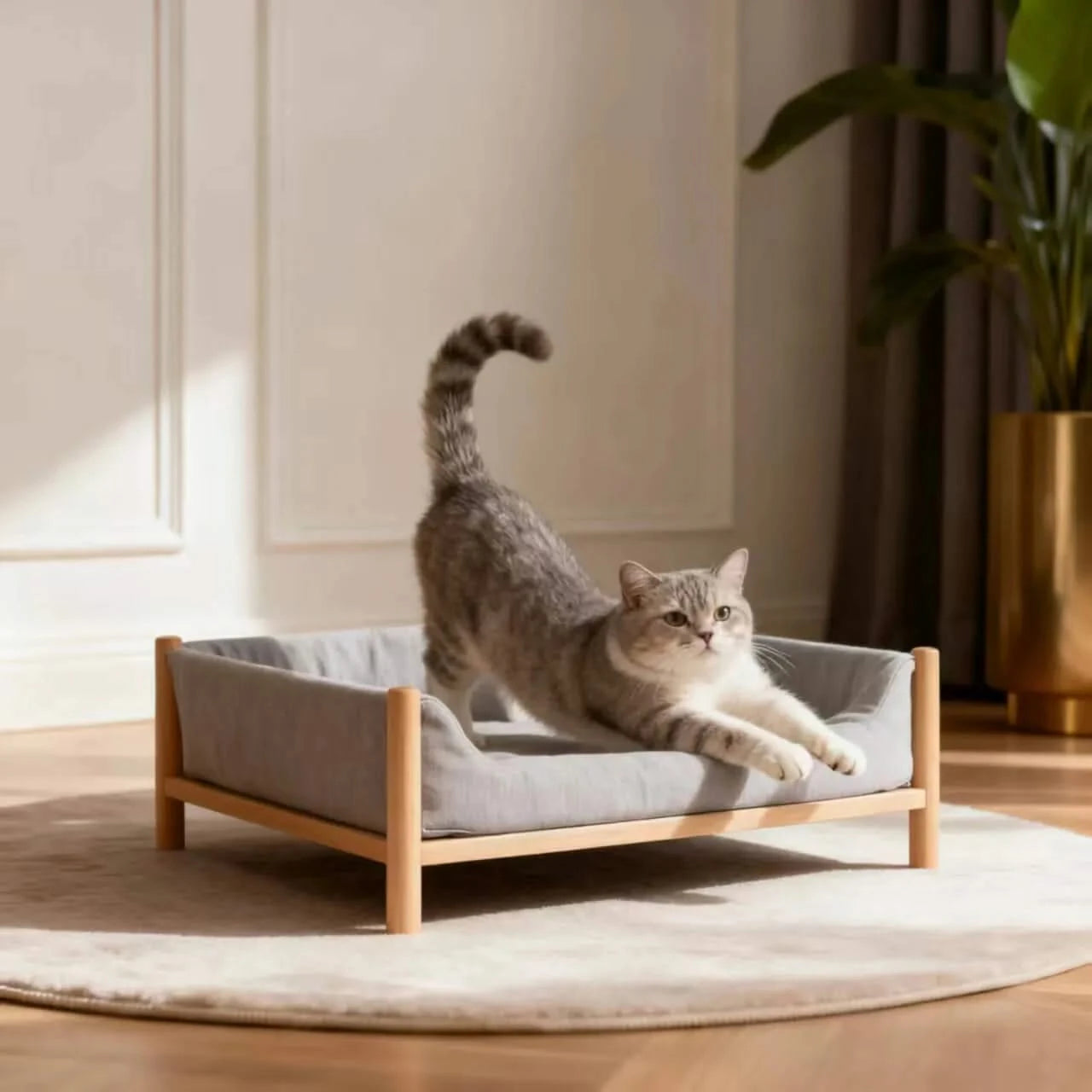 Modern Cat Bed, Wooden Platform Design, Wood Frame, Raised Base, All-Season Comfort