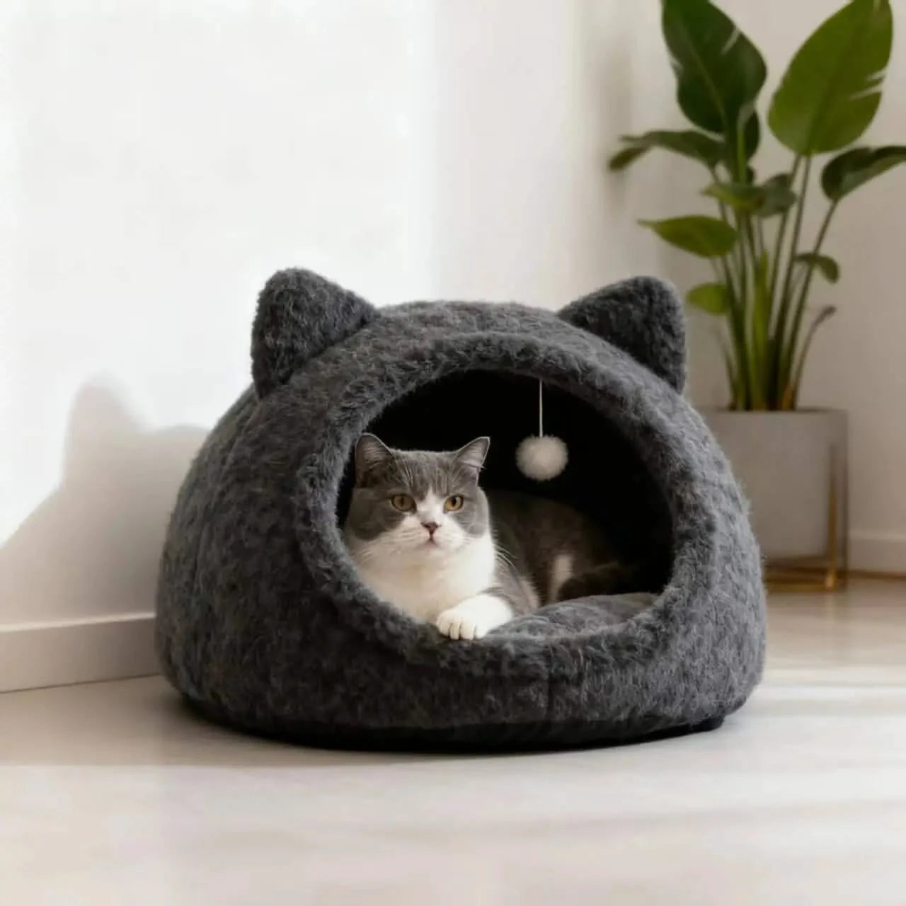 Cozy Pet Bed for Cats, Plush Fabric, Dark Gray, Play Ball Toy, All-Season