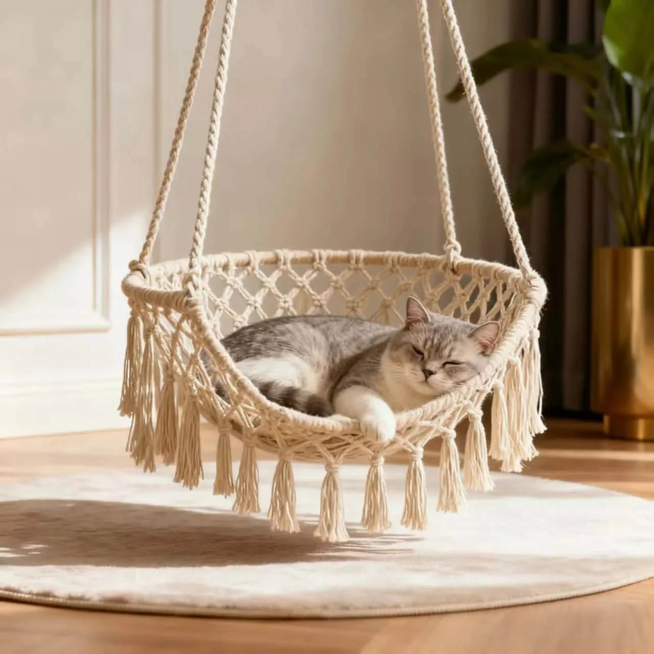 Bohemian Cat Bed, Hanging Swing Shape, Woven Rattan, Beige, Tassel Decor, All-Season