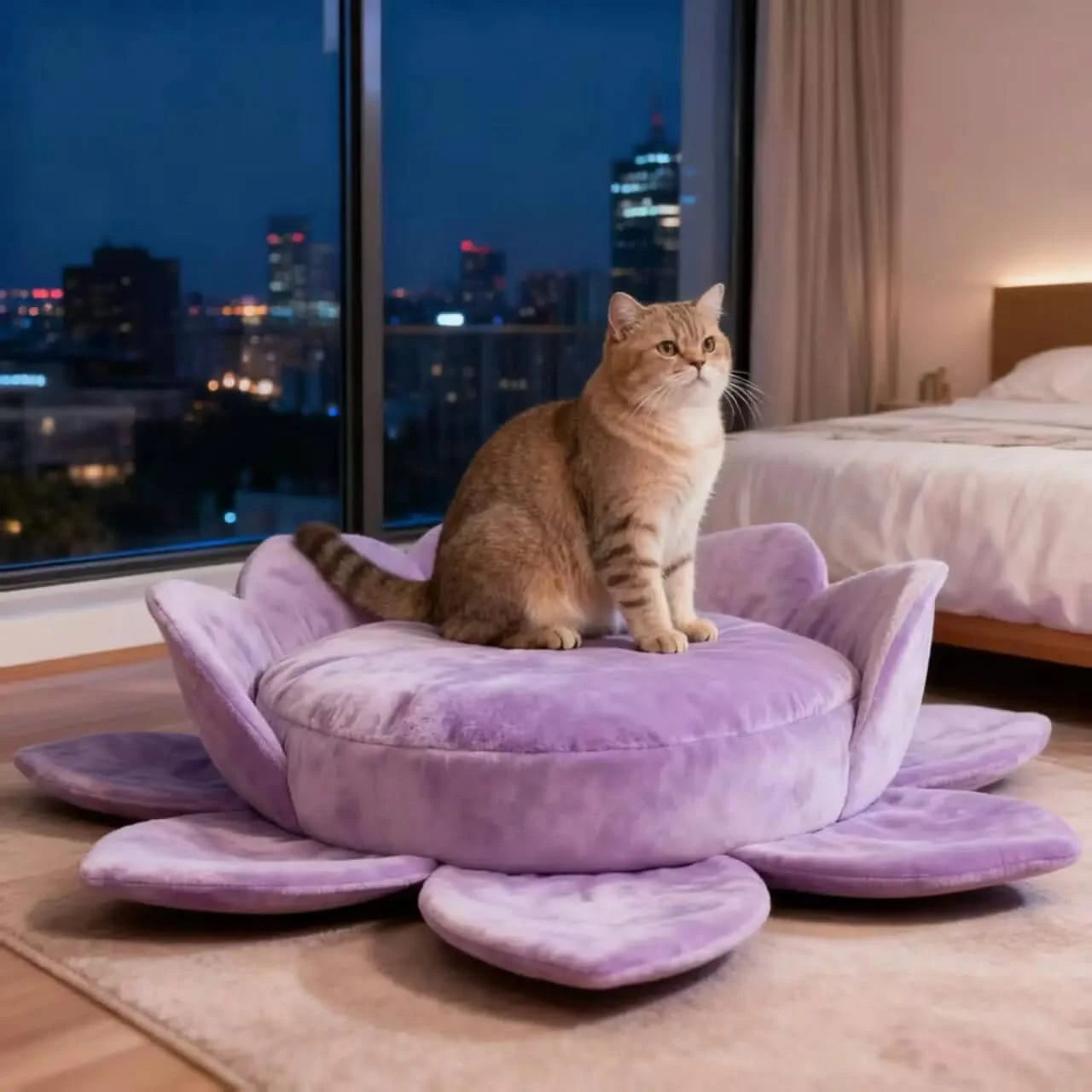 Floral Cat Bed, Lotus Flower Shape, Soft Plush, Purple, All-Season Comfort