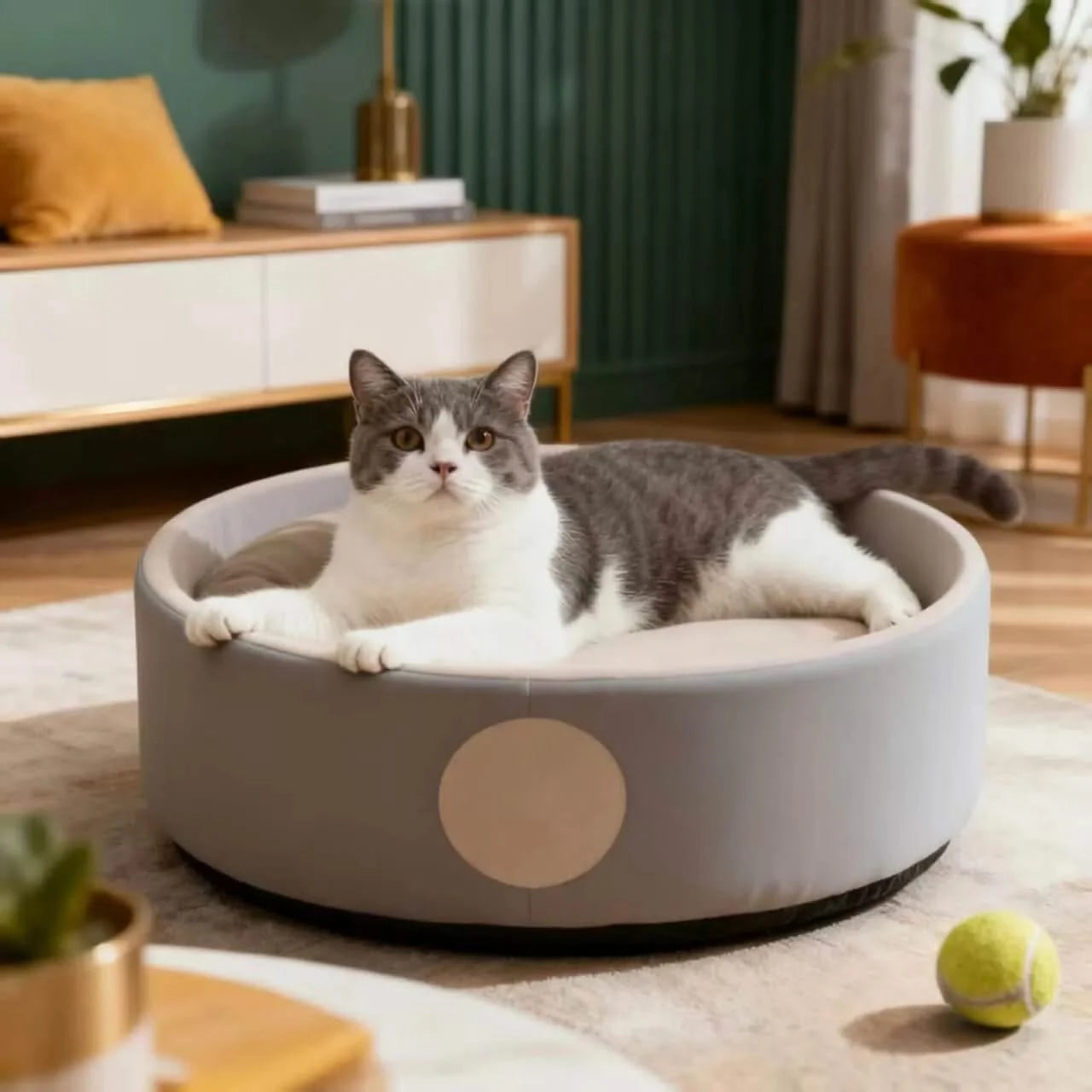 Modern Pet Bed for Cats, Oval Tub Shape, Soft Fabric, Gray/White, Removable Cushion, All-Season