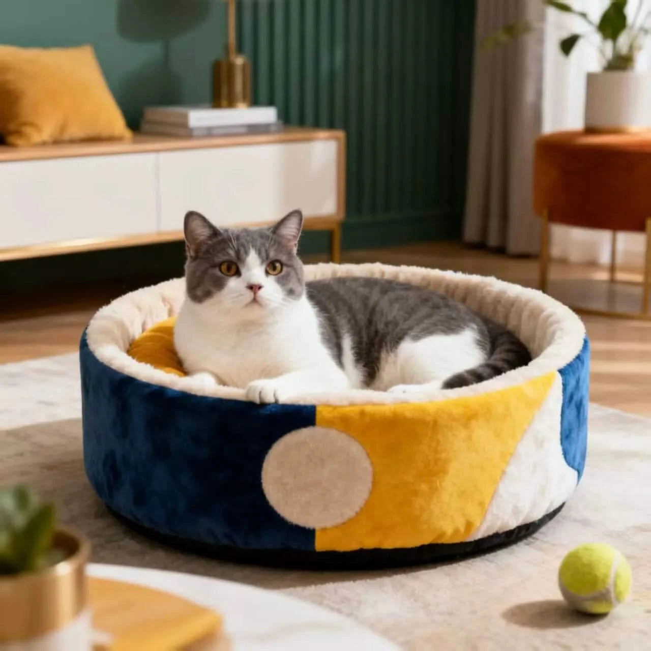 Customizable Pet Bed for Cats, Round Bowl Shape, Plush Fabric, Color Block, All-Season