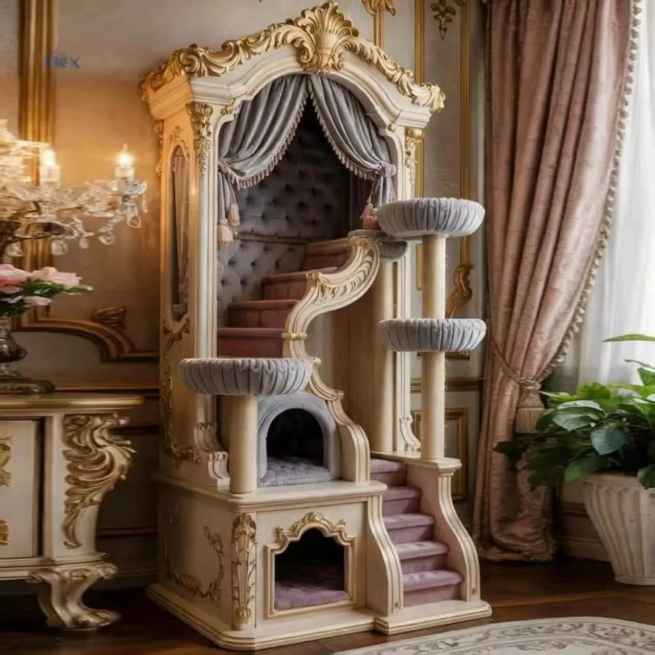 Castle-Themed Cat Bed, Tower Design, Multi-Tiered Nest, Beige, Antique Style
