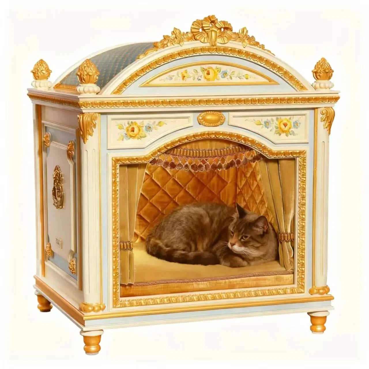 Cat Bed, Royal Cabinet Shape, Carved Wood, White/Gold, All-Season Comfort