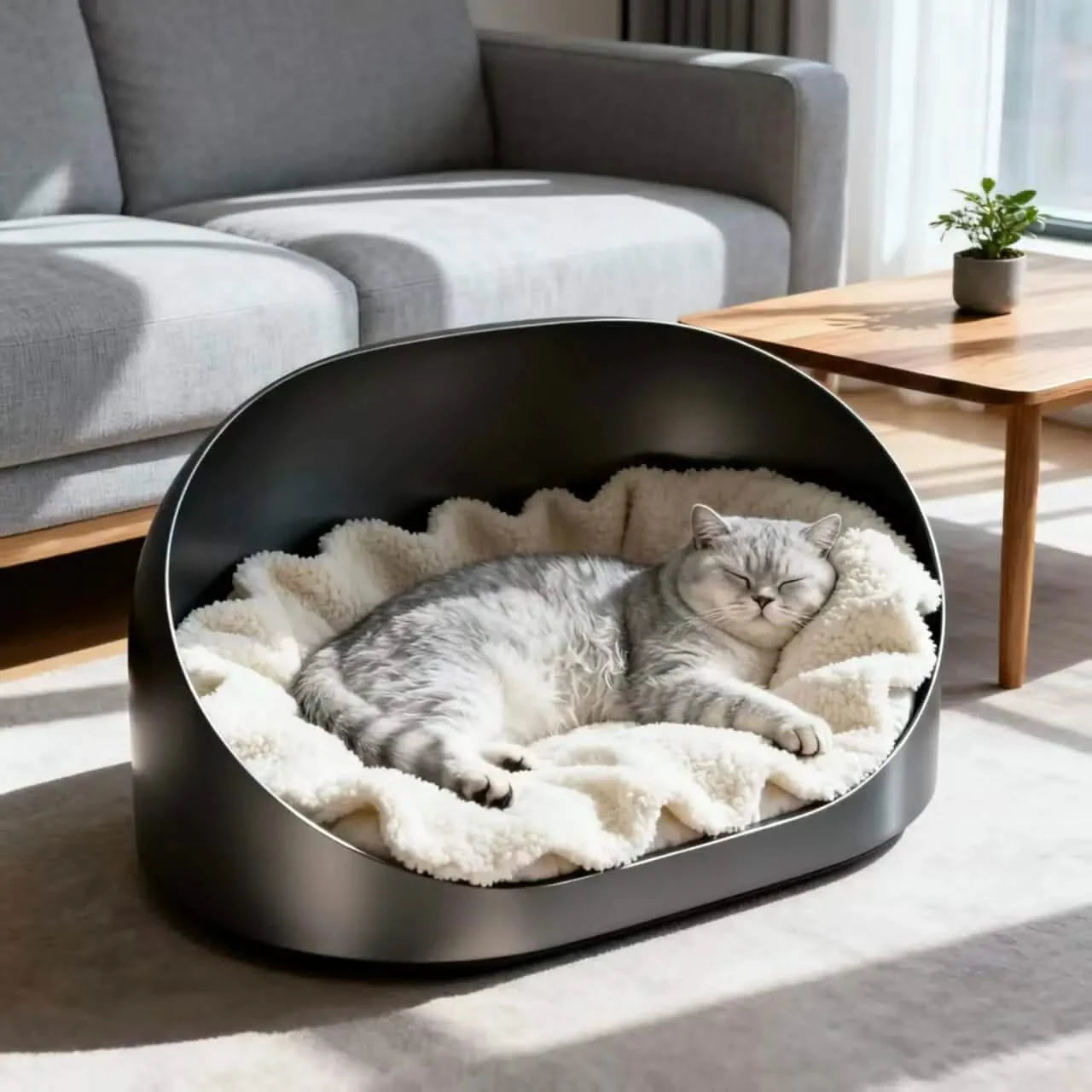 Minimalist Cat Bed, Pan Design Nest, Soft Plush, Sleek Home Decor, All-Season